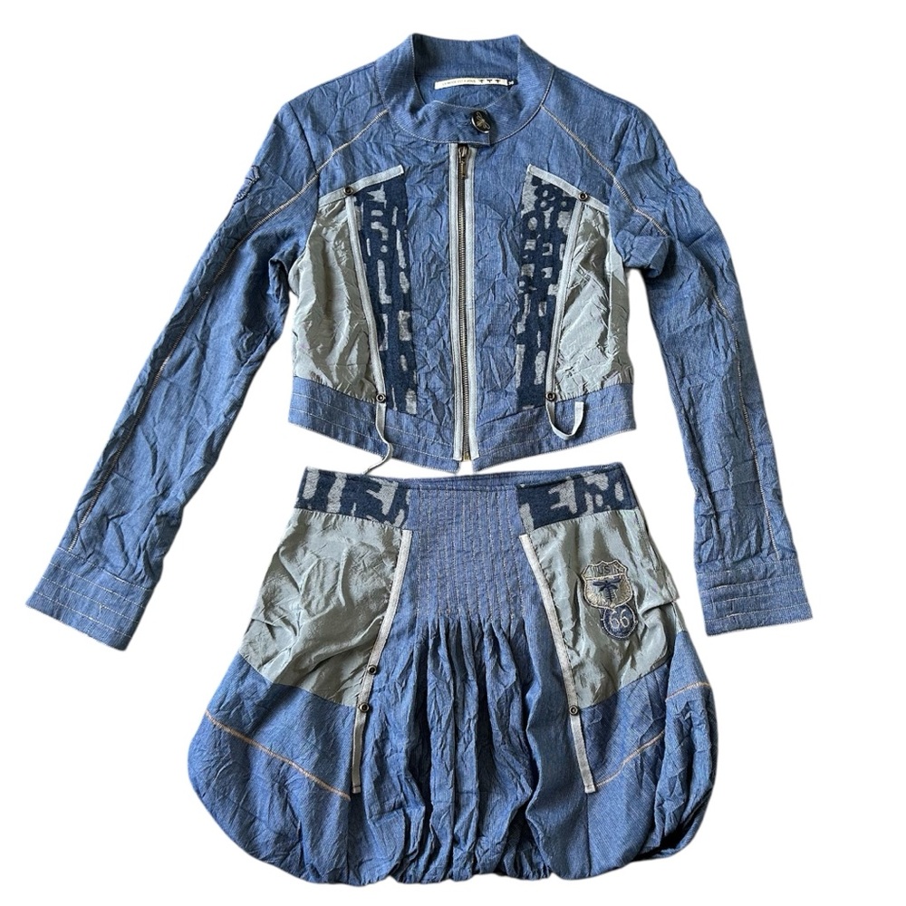 la mode est a vous blue and grey matching jacket and skirt set